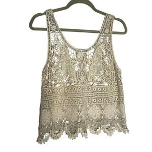Ludi Cream 100% Cotton Lace Sheer Sleeveless Tank Top Shirt Top Blouse Small